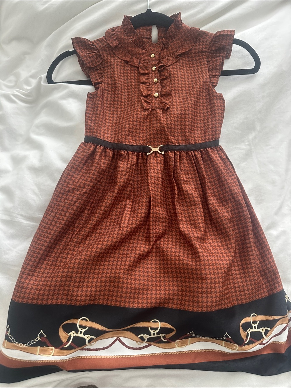 Janie and Jack Rust Houndstooth Ruffle Dress with Chain-Print Hem